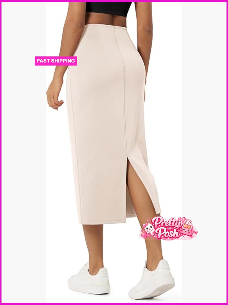 Modal Soft Midi Skirt With Back Slit And Pockets High Waist Pencil Skirt
